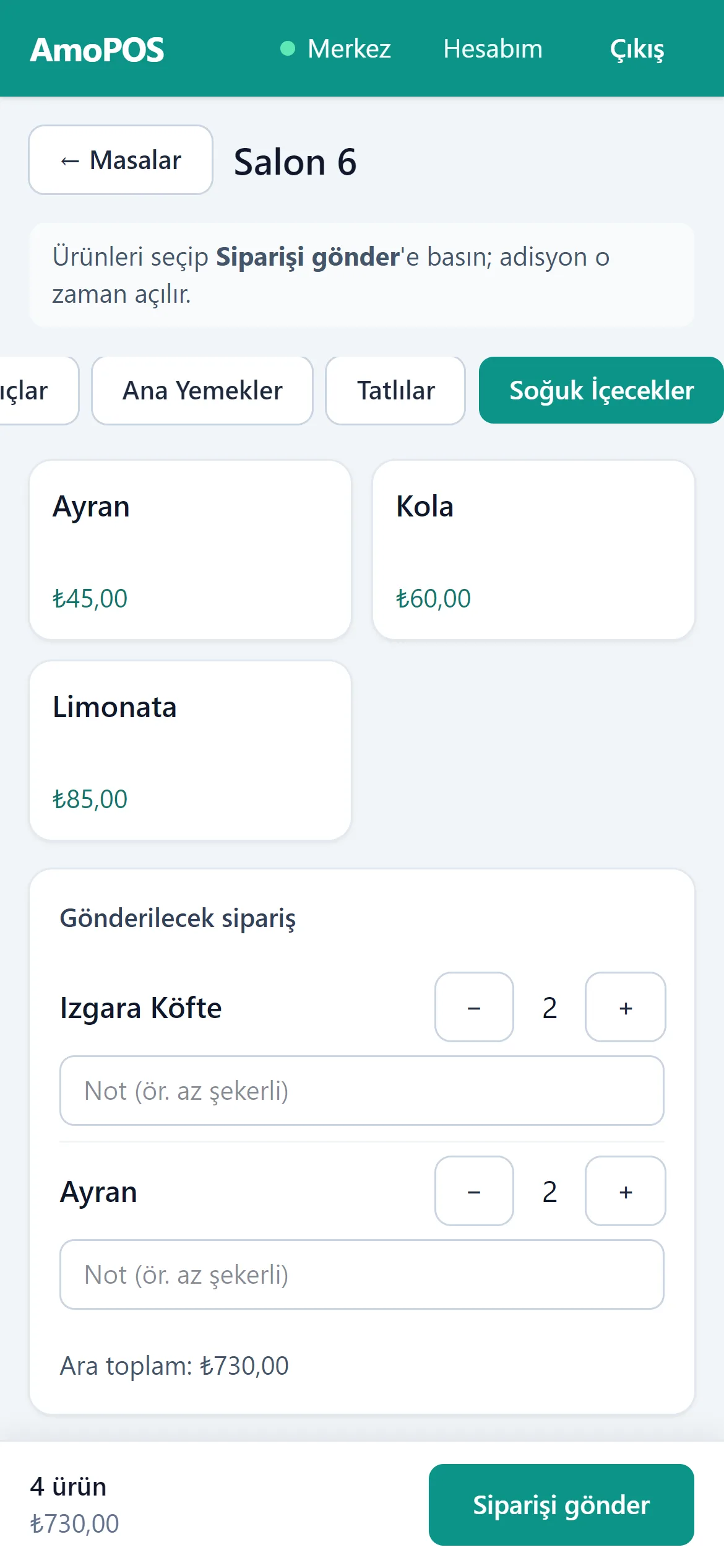 Garson telefonunda sipariş ekranı